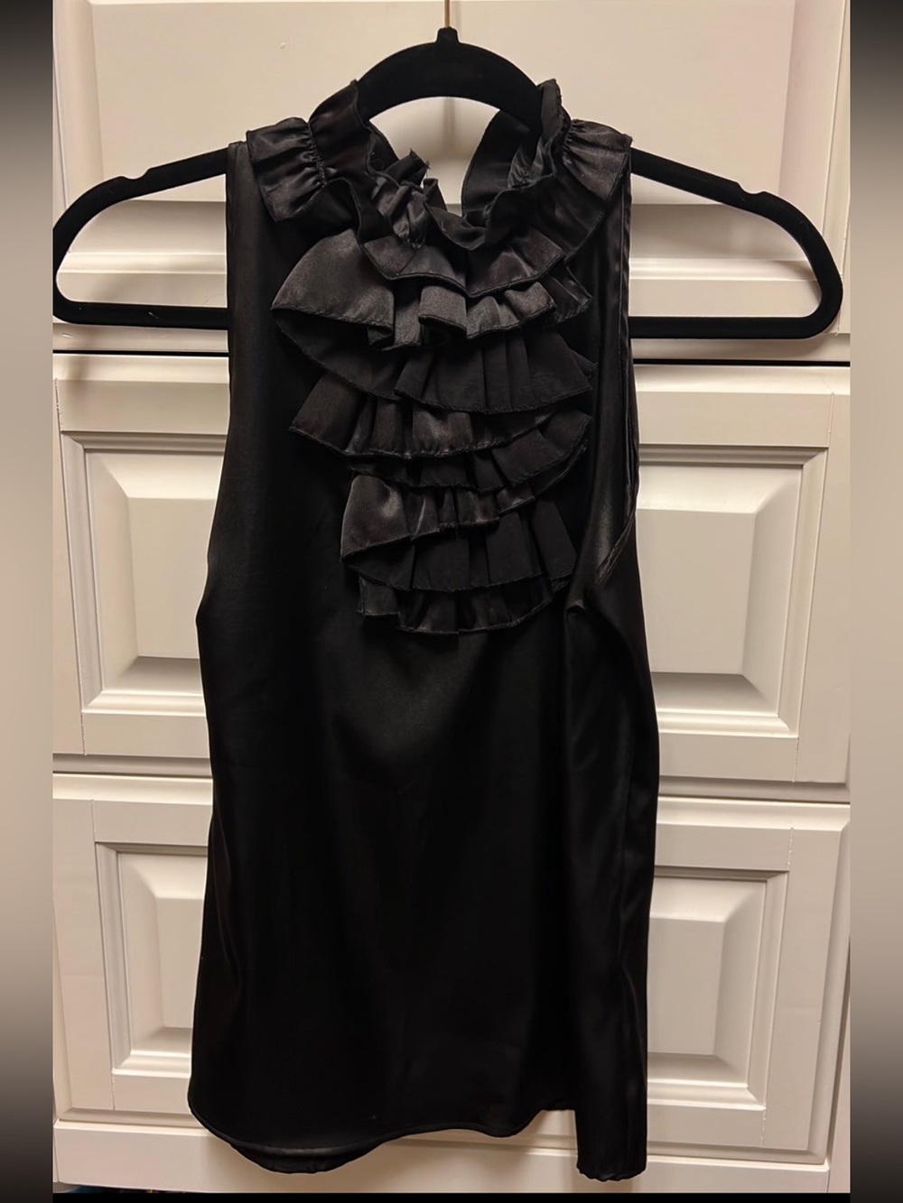 Zara Black Satin Ruffle-Neck Sleeveless Top